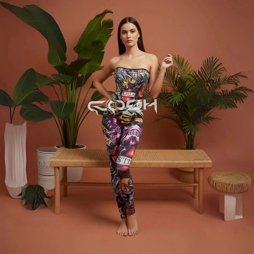 Trinity Tattoo Print Corset Bodysuit – Strapless Party Jumpsuit House of Trinity