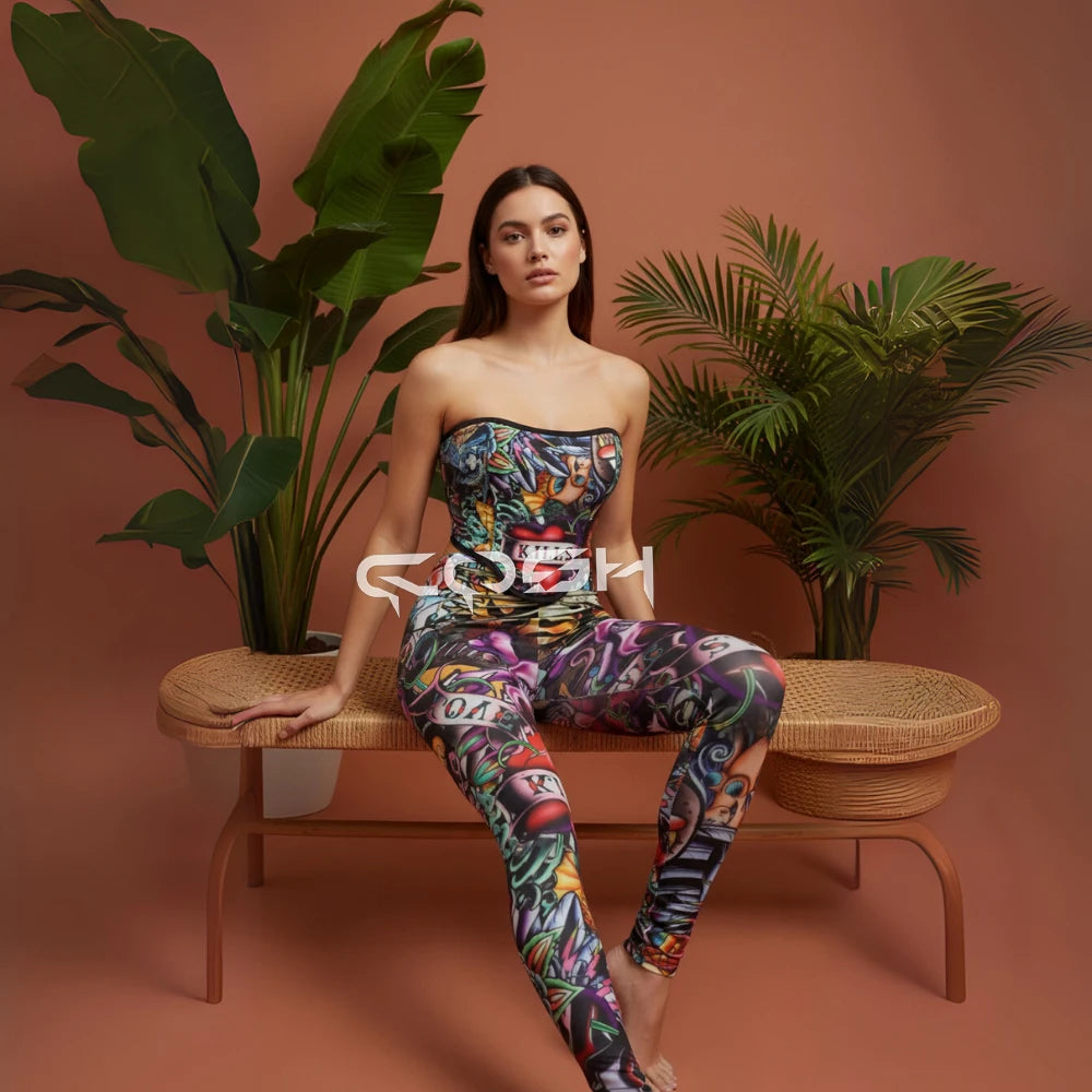 Trinity Tattoo Print Corset Bodysuit – Strapless Party Jumpsuit House of Trinity