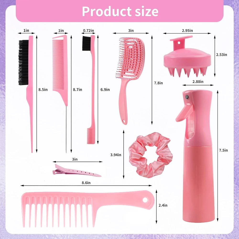 11 pcs Hair Brush Set, Detangler Brush with Hair Spray Bottle, Scalp Massager for Wet Dry Curly Hair, Bristle Hair Brush Hair