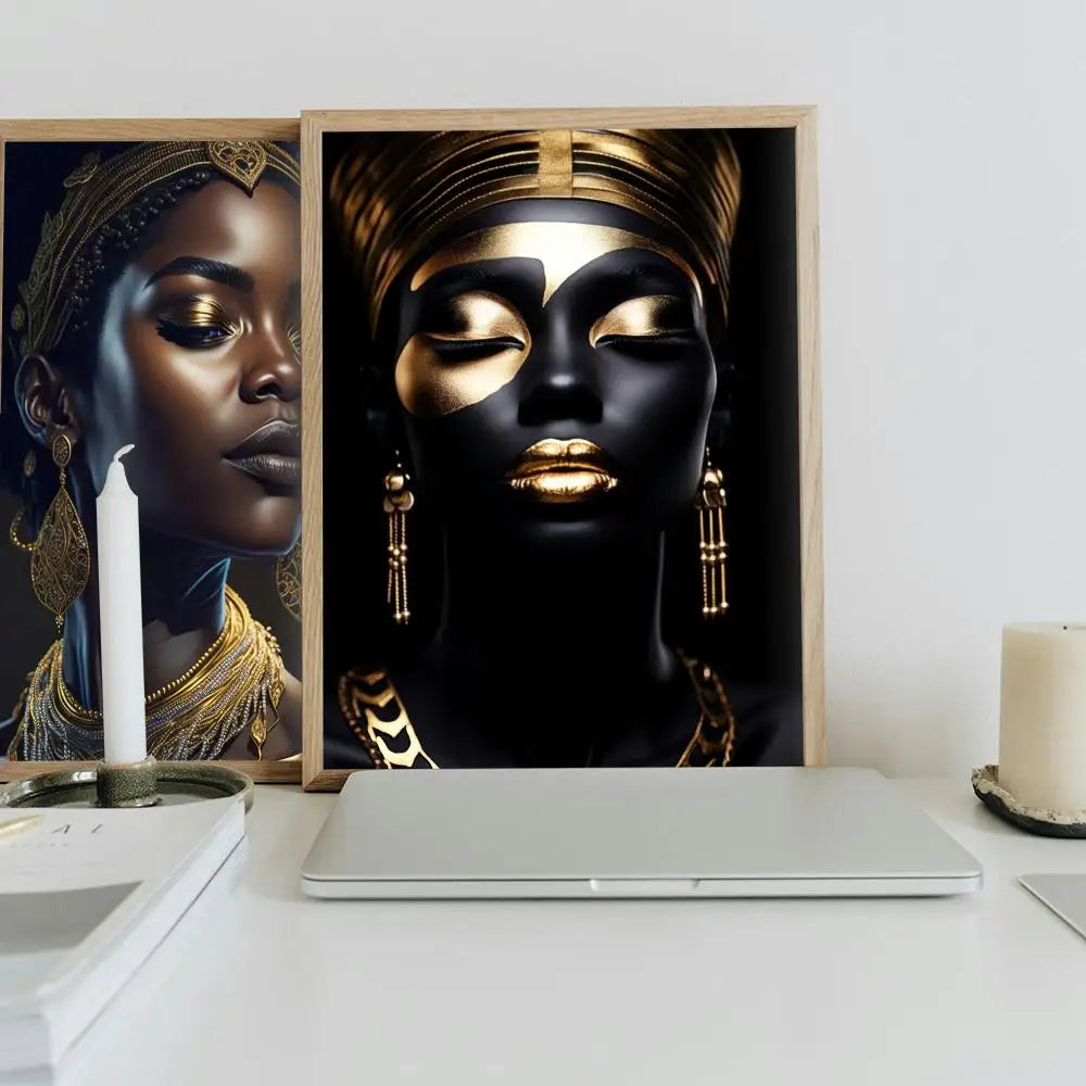 Black and Gold African Woman Poster Sticky Wall Waterproof Home Living Room Bedroom Bar Aesthetic Decoration Perfect Gift