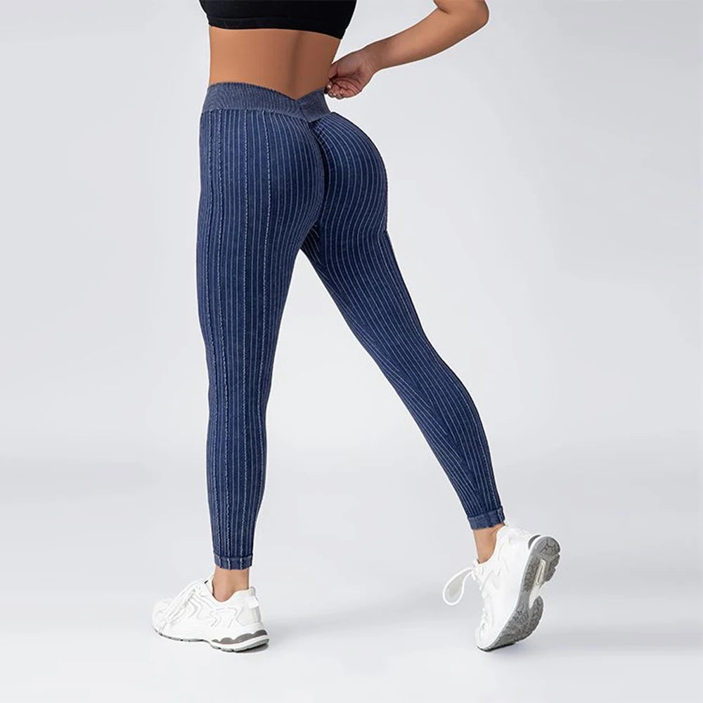 Women Striped Leggings V Back Fashion Gym Outdoor Fitness Athletic Workout Elastic Leggins Yoga Pants Sports Training Tights