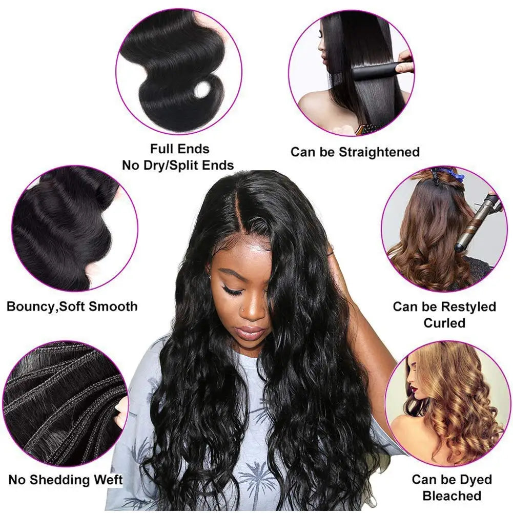 Body Wave Bundles Human Hair With Frontal 100% Natural Human Hair Extensions 3 Bundles With13x4 Transparent Lace Frontal Closure
