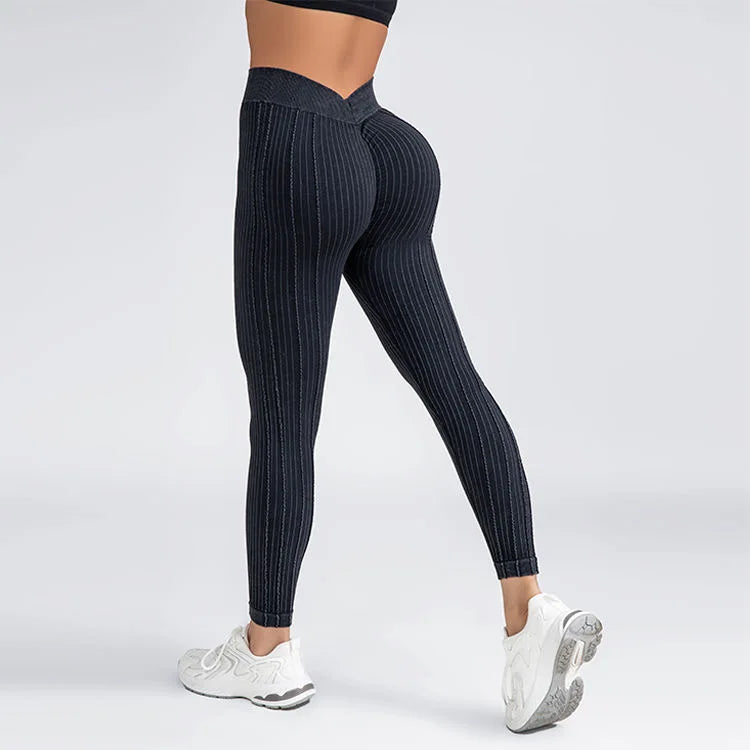 Women Striped Leggings V Back Fashion Gym Outdoor Fitness Athletic Workout Elastic Leggins Yoga Pants Sports Training Tights