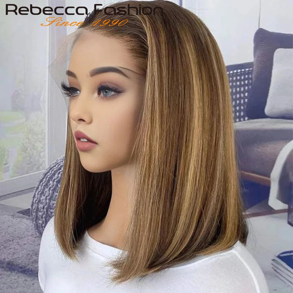 Rebecca Short Straight Bob Human Hair Lace Wig For Women Brazilian Remy Hair Middle Part Lace Easy Wear T Part Lace Wigs