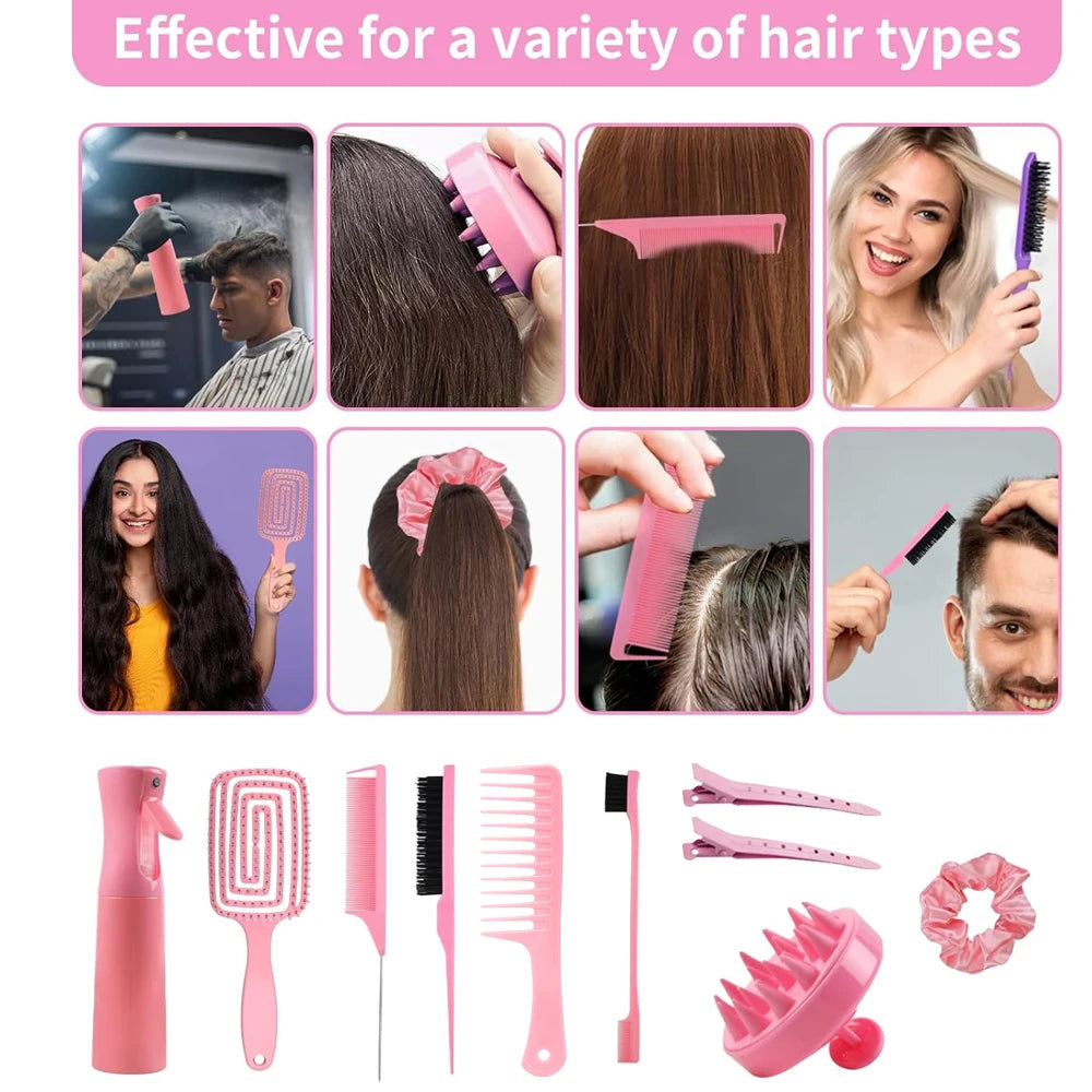 11 pcs Hair Brush Set, Detangler Brush with Hair Spray Bottle, Scalp Massager for Wet Dry Curly Hair, Bristle Hair Brush Hair