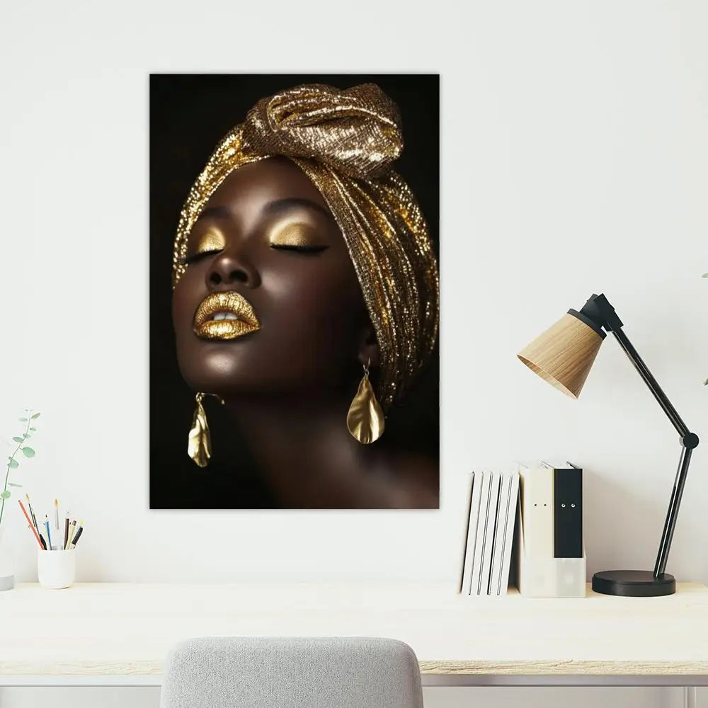 Black and Gold African Woman Poster Sticky Wall Waterproof Home Living Room Bedroom Bar Aesthetic Decoration Perfect Gift
