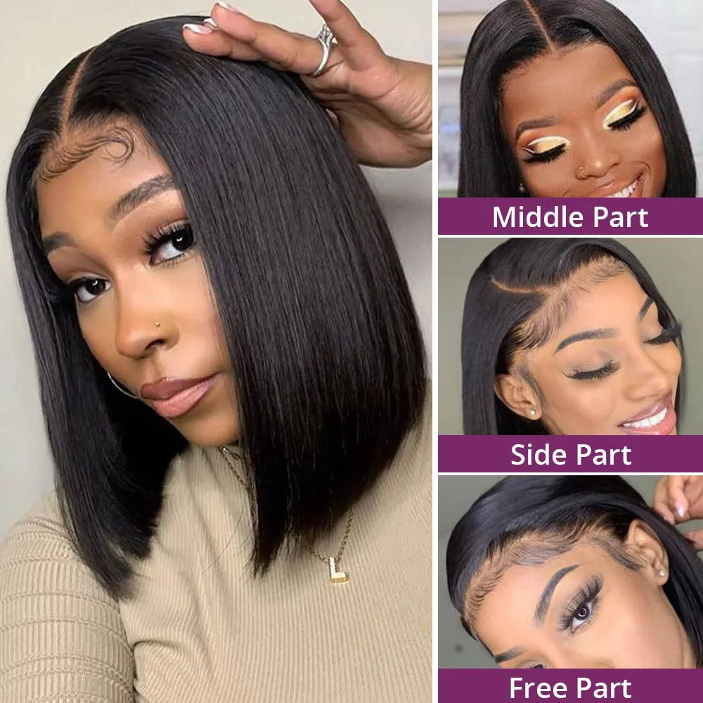 Straight Short Bob 4x4 Lace Front Wigs for Women Brazilian 180% Density Straight Bob Pre Plucked with Baby Hair Natural Color