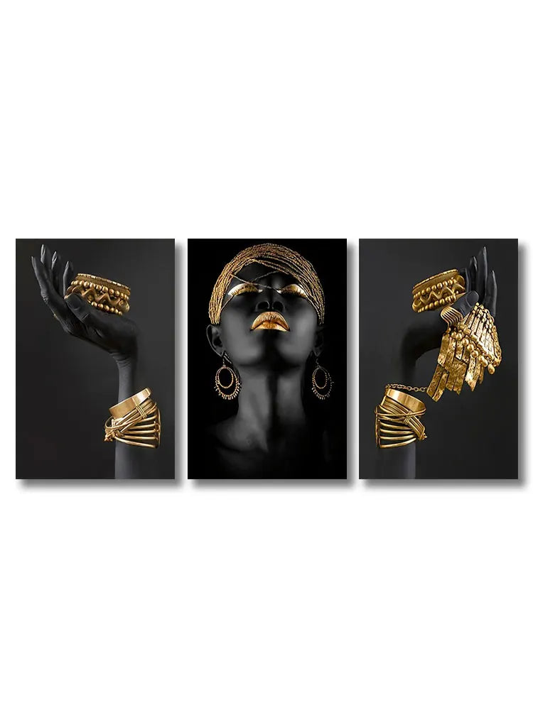 3pcs African Black Women With Gold Jewelry Wall Art Posters Perfect Living Room Prints Canvas For Home Wall Art Decor Pictures
