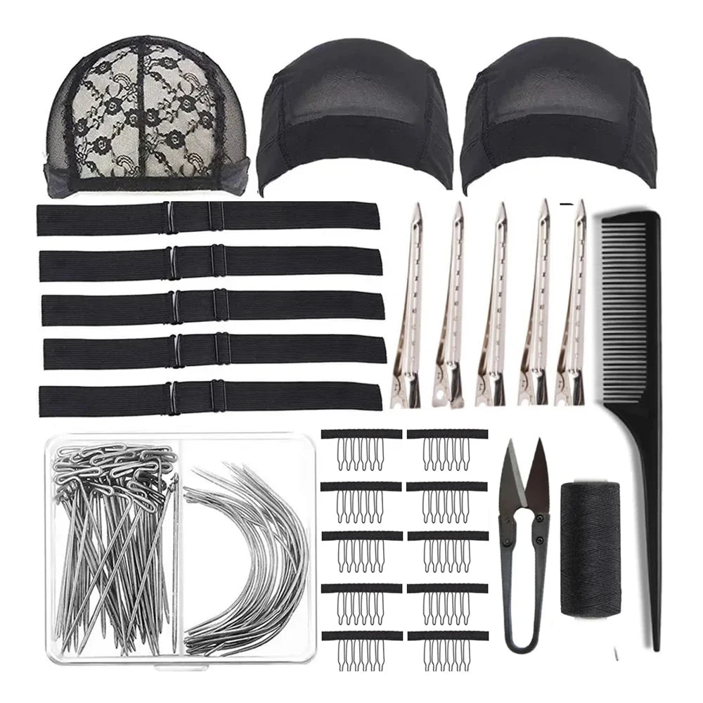 Wig Making Kit DIY Wig Accessories,5pcs Adjustable Elastic Band,3pcs Dome Mesh Wig Cap,Black Thread Hair Clips Comb and Scissors