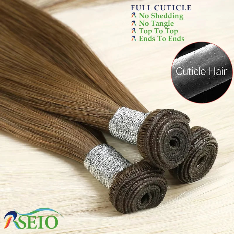 RSEIO Genius Weft Extensions 100% Real Human Hair Bundles Brown Blonde Color Sew In Straight Remy Hair Double Wefts can Curly