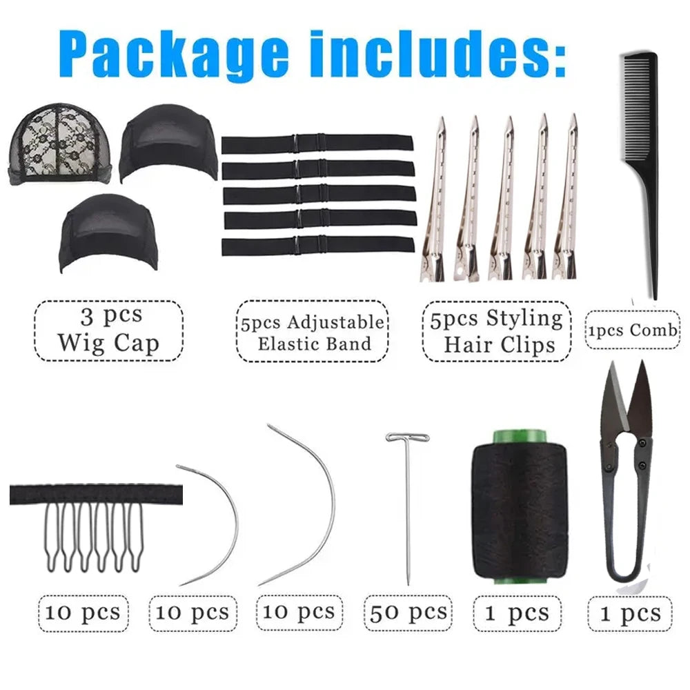 Wig Making Kit DIY Wig Accessories,5pcs Adjustable Elastic Band,3pcs Dome Mesh Wig Cap,Black Thread Hair Clips Comb and Scissors