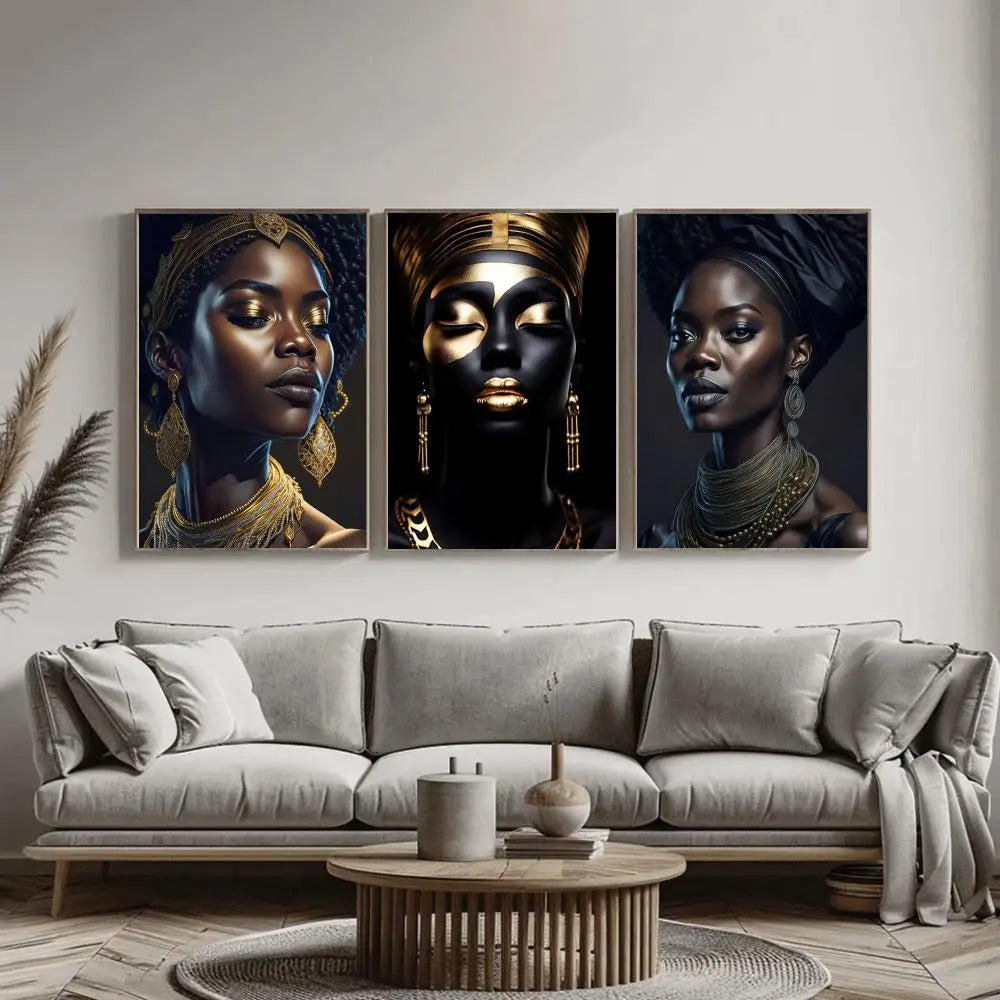 Black and Gold African Woman Poster Sticky Wall Waterproof Home Living Room Bedroom Bar Aesthetic Decoration Perfect Gift