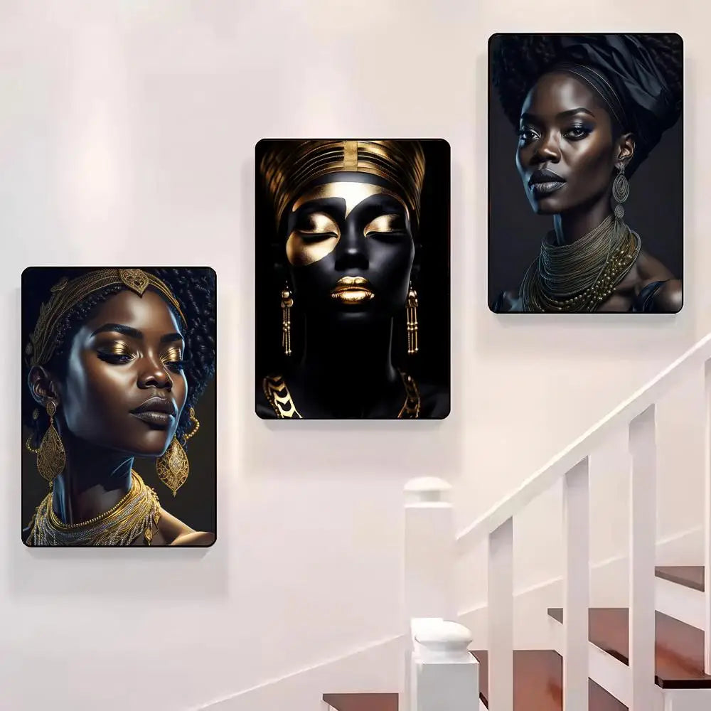 Black and Gold African Woman Poster Sticky Wall Waterproof Home Living Room Bedroom Bar Aesthetic Decoration Perfect Gift