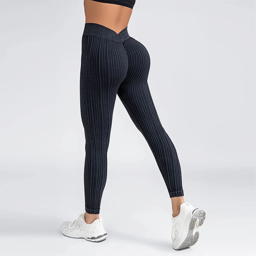 Women Striped Leggings V Back Fashion Gym Outdoor Fitness Athletic Workout Elastic Leggins Yoga Pants Sports Training Tights