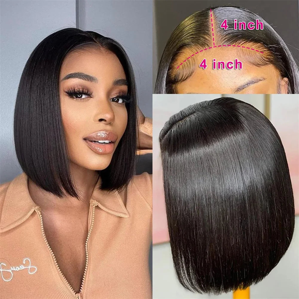 Straight Short Bob 4x4 Lace Front Wigs for Women Brazilian 180% Density Straight Bob Pre Plucked with Baby Hair Natural Color