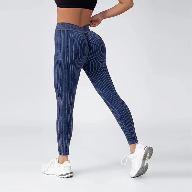 Women Striped Leggings V Back Fashion Gym Outdoor Fitness Athletic Workout Elastic Leggins Yoga Pants Sports Training Tights